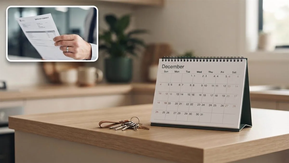 A wall calendar showing the end of December beside a set of house keys on a desk